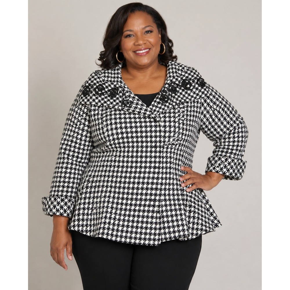 Ashro Houndstooth Peplum Jacket Women's 26W Black White Embroidered Swing Coat